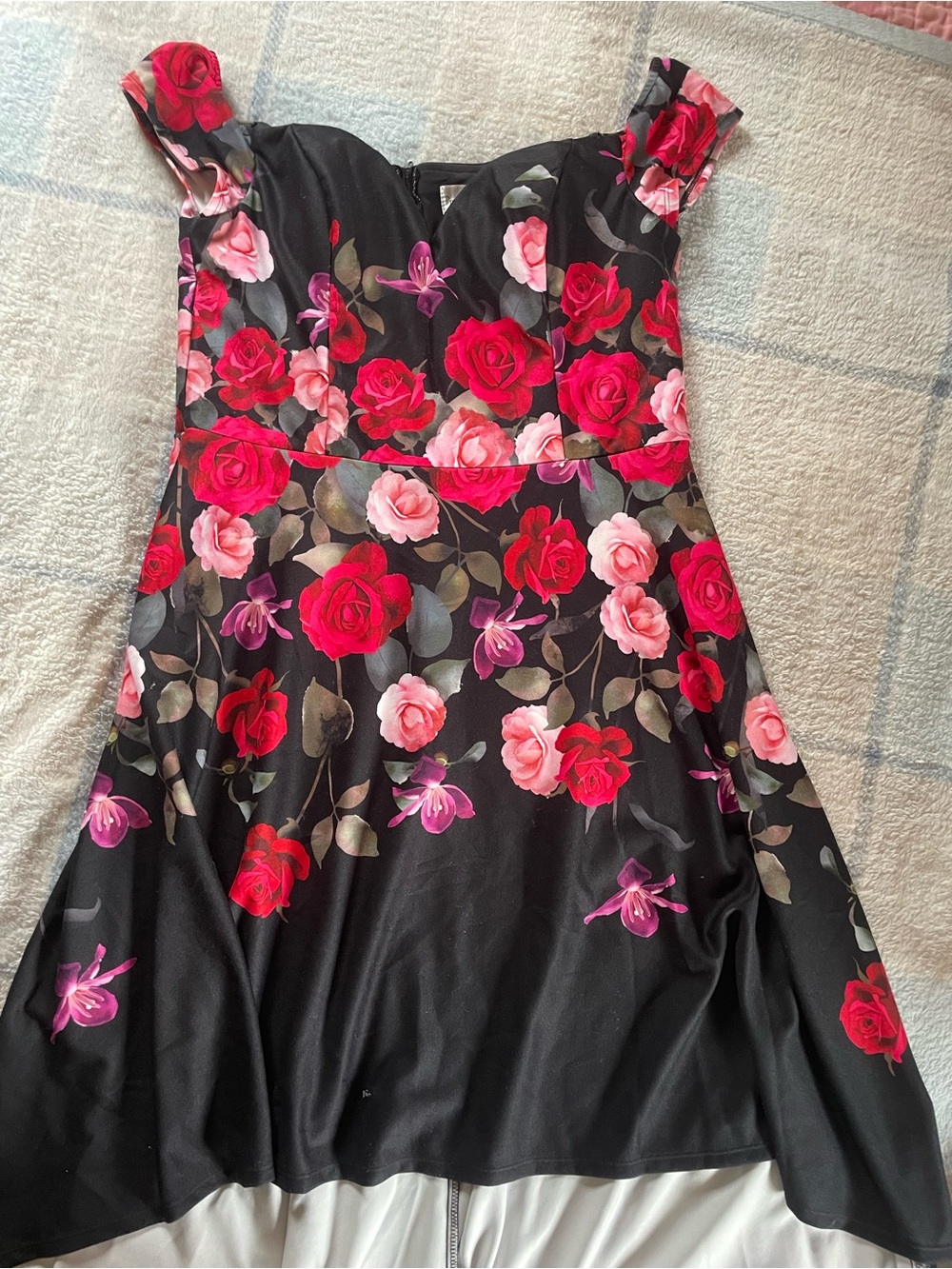 Black Floral Fit-and-Flare Mini Dress with Pink and Red Roses
